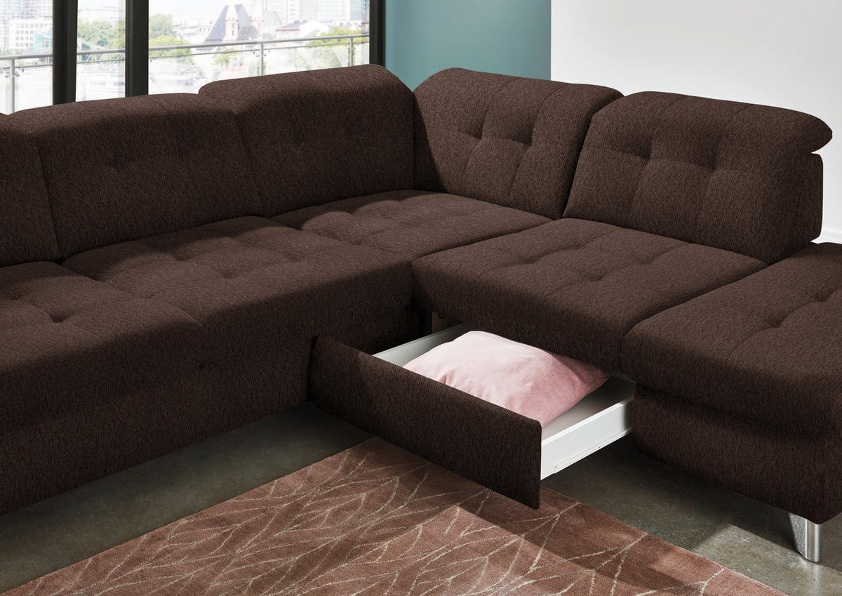 ECKSOFA in Chenille Dunkelbraun  - Chromfarben/Dunkelbraun, Design, Textil/Metall (310/260cm) - Beldomo Speed