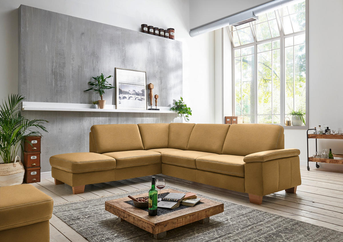 ECKSOFA  in Echtleder Currygelb  235/274 cm  - Currygelb/Eichefarben, KONVENTIONELL, Leder/Holzwerkstoff (235/274cm) - Beldomo Premium