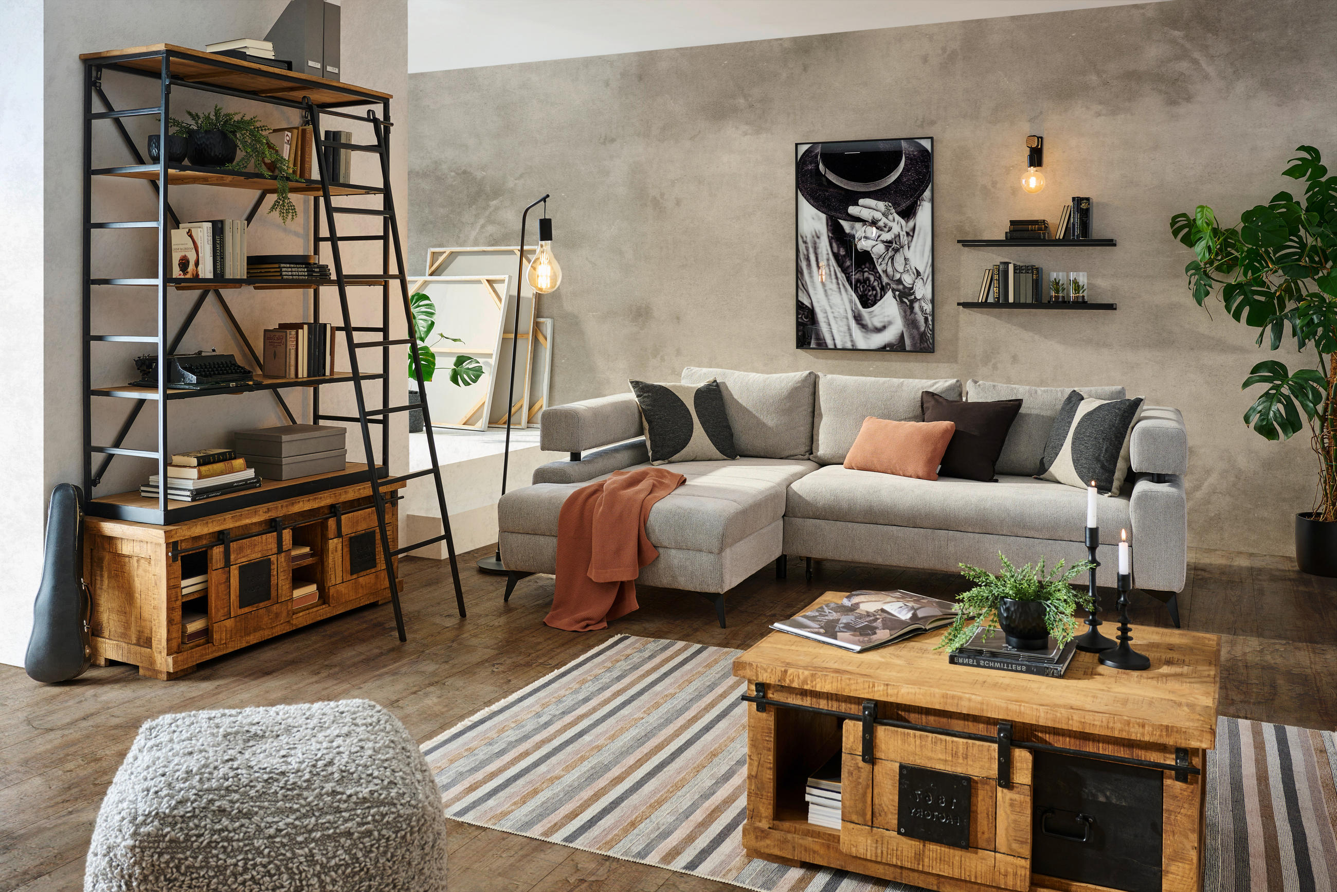 ECKSOFA in Chenille Hellgrau  - Hellgrau/Schwarz, KONVENTIONELL, Textil/Metall (184/265cm) - Hom`in