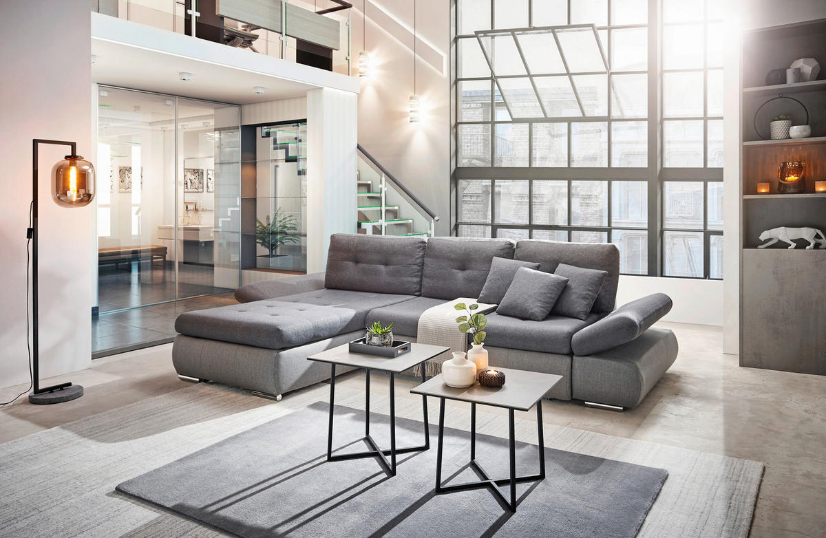 ECKSOFA Hellgrau, Grau Webstoff  - Chromfarben/Dunkelgrau, Design, Kunststoff/Textil (302/187cm) - Carryhome