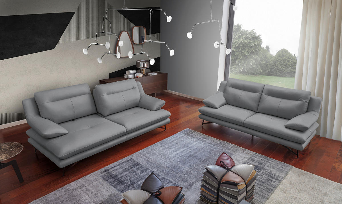 3-SITZER-SOFA in Leder Silberfarben  - Silberfarben, Design, Leder/Metall (215/90/109cm)