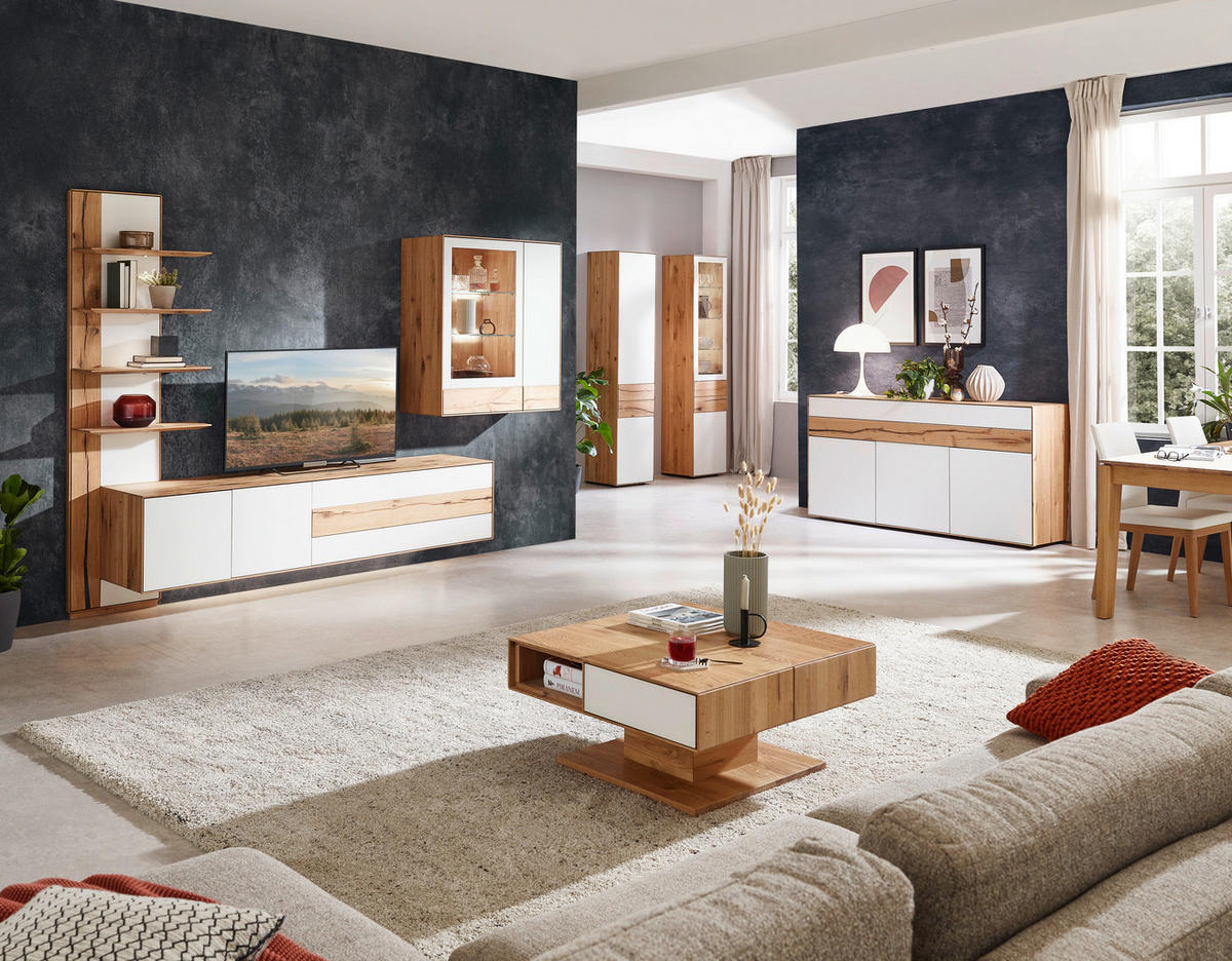 WOHNWAND  Weiss, Eichefarben 297/206/48 cm  - Weiss/Eichefarben, Design, Glas/Holz (297/206/48cm) - Valnatura