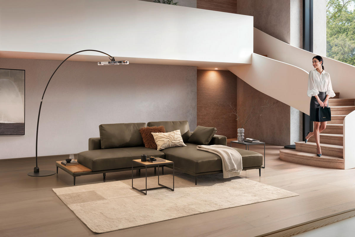 ECKSOFA  in Echtleder Cappuccino  304/201 cm  - Schwarz/Cappuccino, Design, Leder/Metall (304/201cm) - Belluti