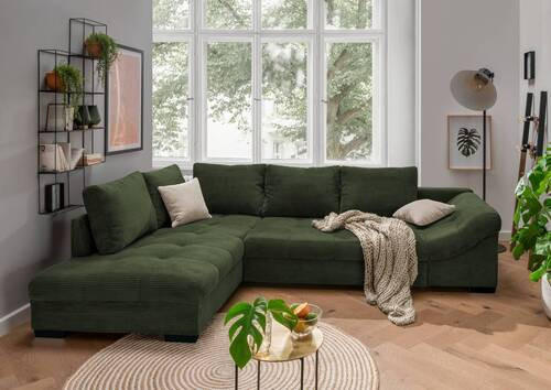 ECKSOFA in Cord Dunkelgrün - Dunkelgrün/Beige, Design, Holz/Textil (202/298cm) - MID.YOU