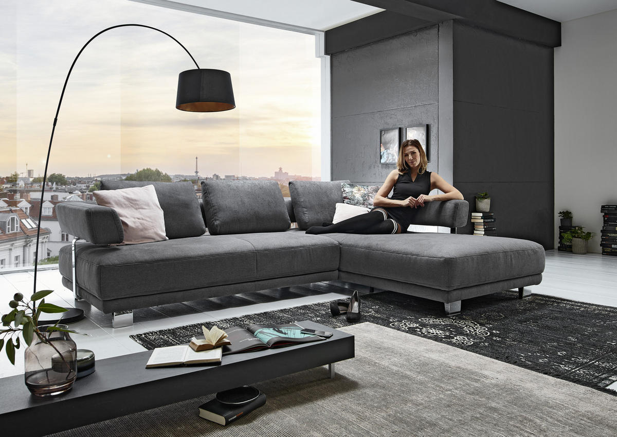 ECKSOFA in Chenille Grau  - Chromfarben/Grau, Natur, Textil/Metall (297/214cm) - Valdera