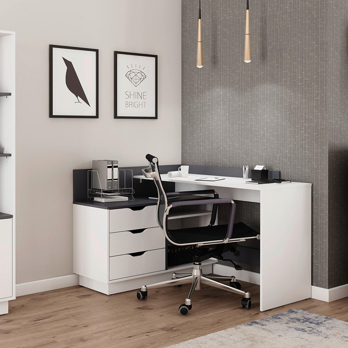 ECKSCHREIBTISCH 129/105/84 cm Schwarz, Weiß Stauraum, seitenverkehrt montierbar  - Schwarz/Weiß, LIFESTYLE, Holzwerkstoff (129/105/84cm) - MID.YOU