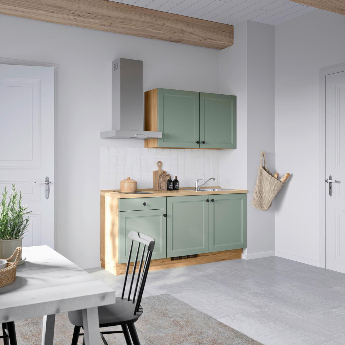 KÜCHENBLOCK Cascada 180 cm  in Grün, Eichefarben  - Eichefarben/Schwarz, MODERN, Holzwerkstoff/Metall (180cm) - Nobilia