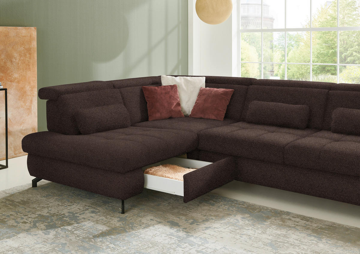 ECKSOFA in Chenille Dunkelbraun  - Dunkelbraun/Schwarz, Design, Textil/Metall (220/310cm) - Beldomo Style