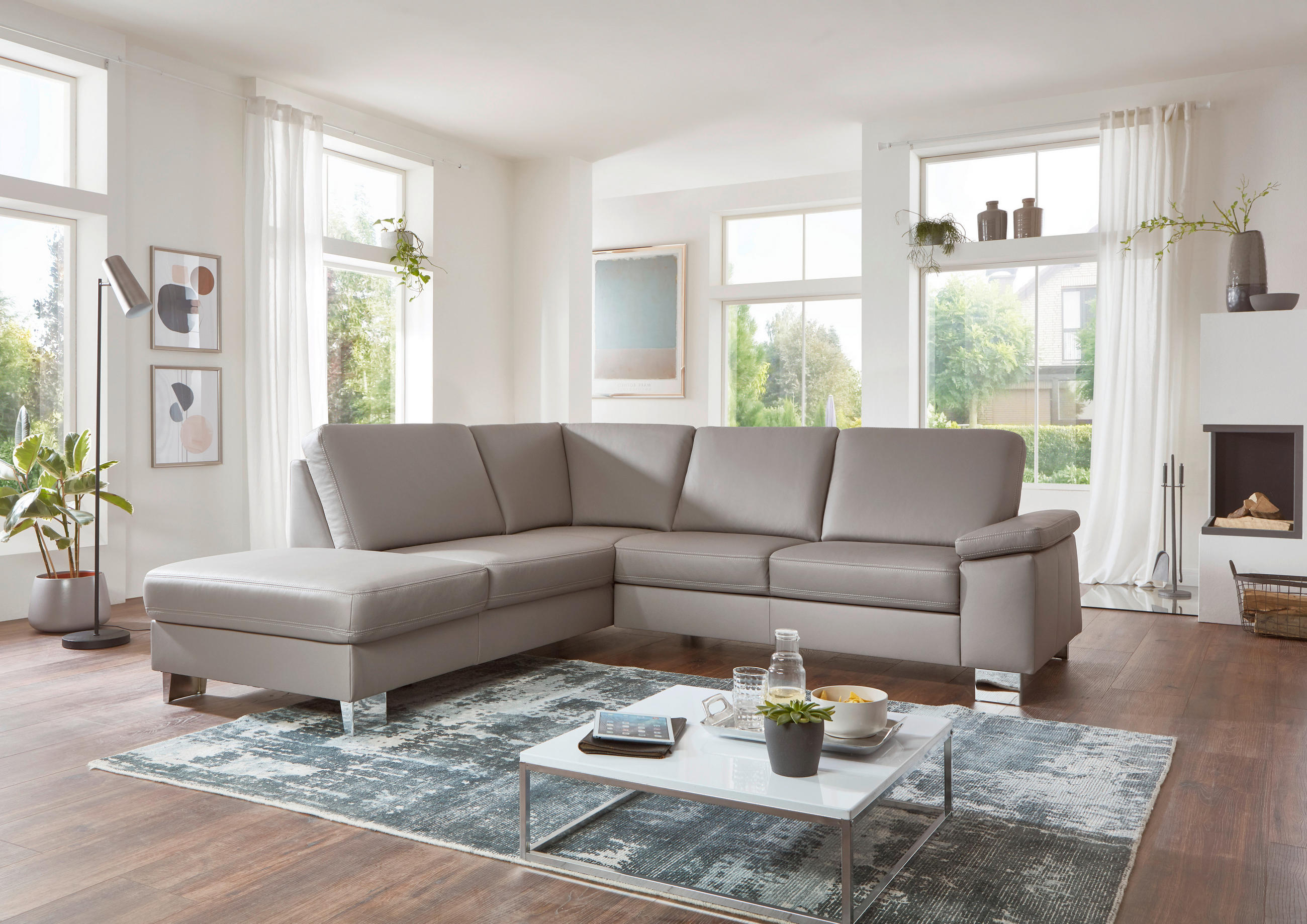 ECKSOFA in Echtleder Grau  - Beige/Alufarben, Design, Leder/Metall (235/248cm) - Beldomo Premium