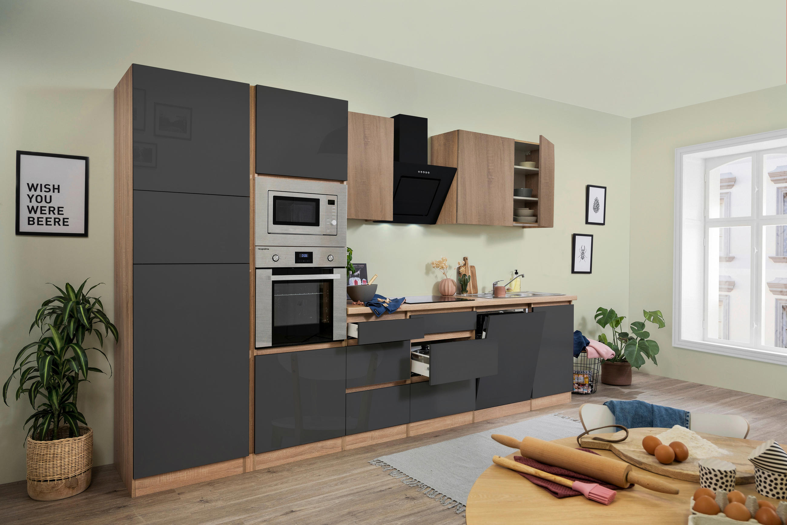 KÜCHENBLOCK 345 cm   in Grau  - Eichefarben/Grau, Basics, Holzwerkstoff (345cm) - Respekta