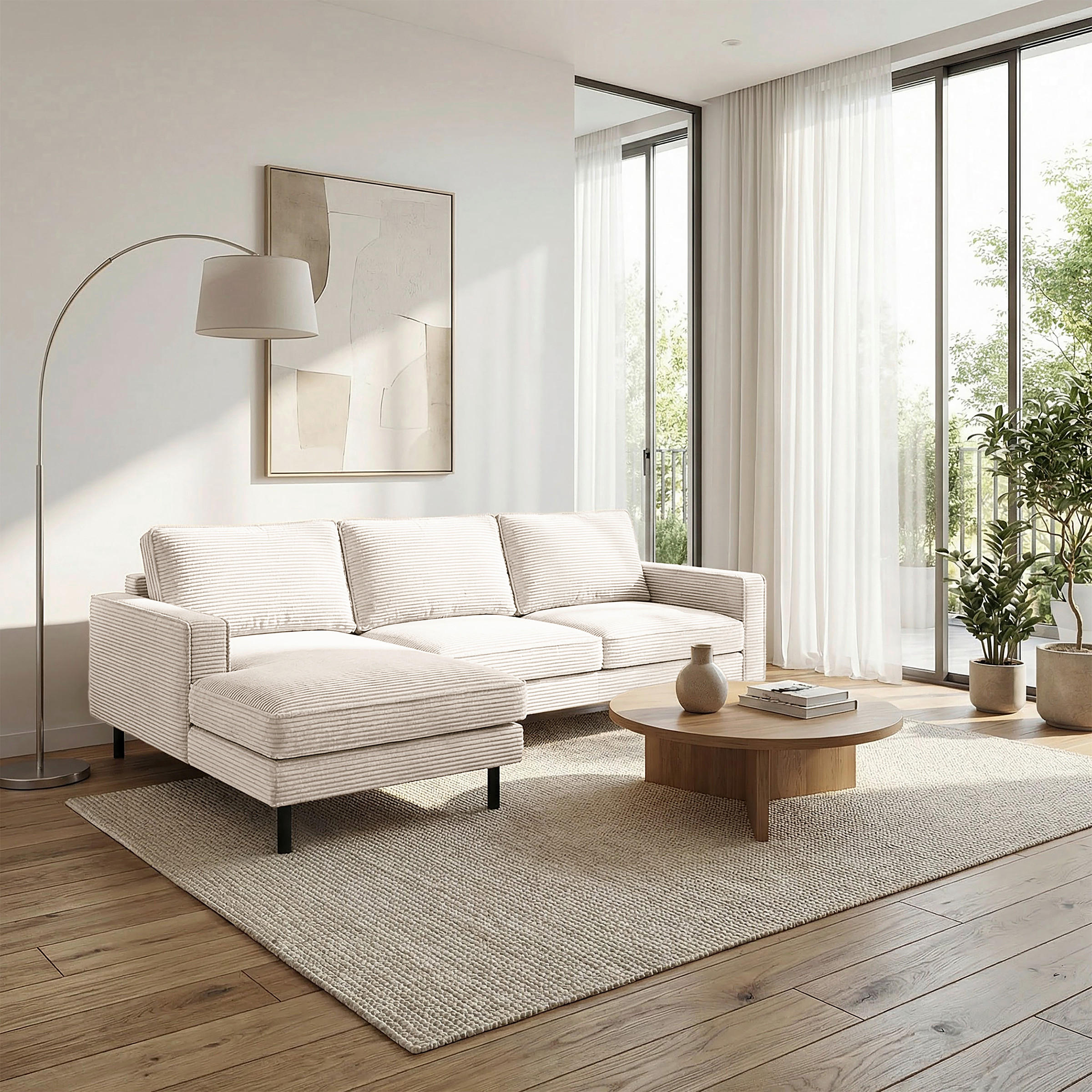 ECKSOFA Creme Cord Rücken echt  - Creme/Schwarz, Design, Textil/Metall (166/238cm) - Livetastic