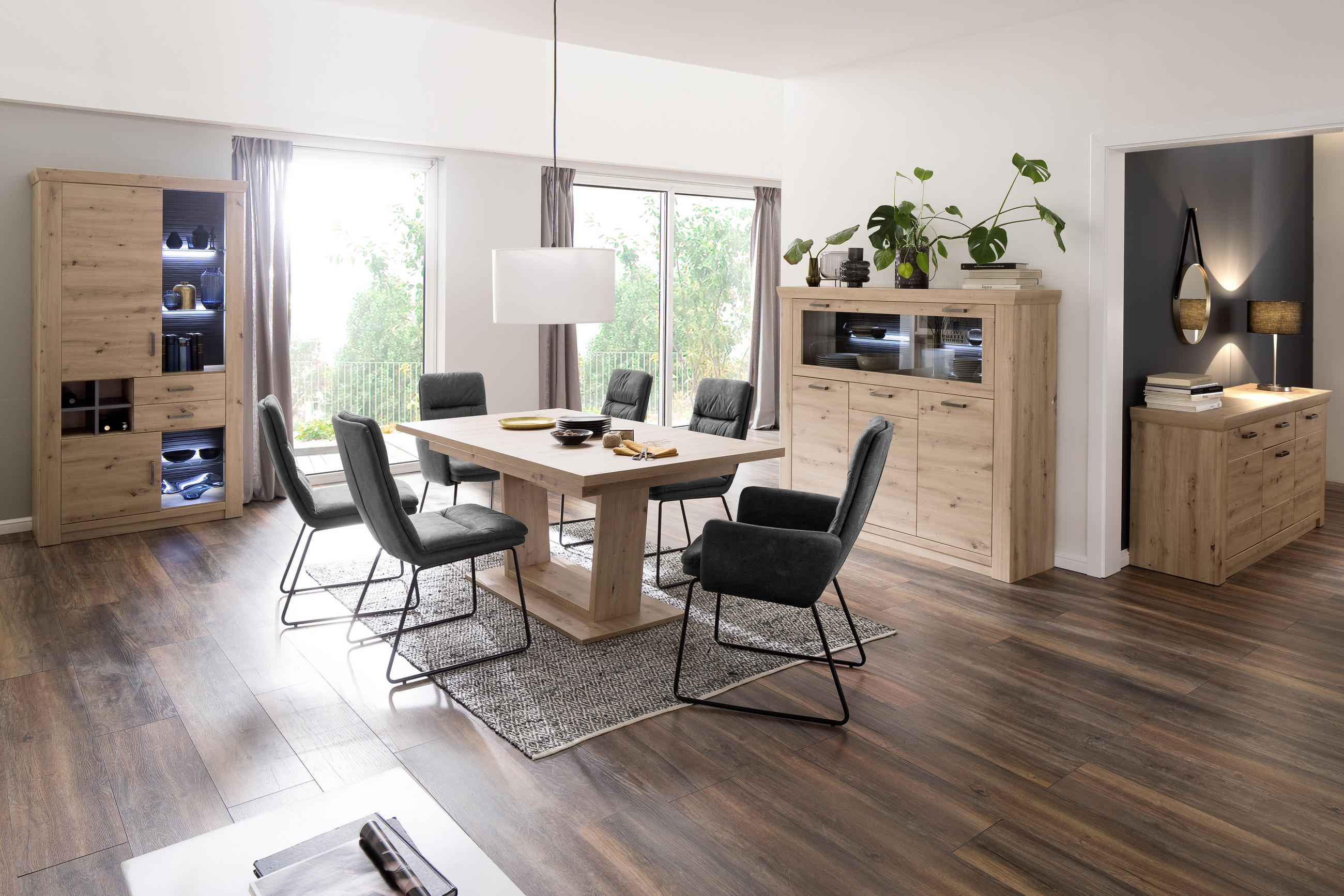 HIGHBOARD ohne Beleuchtung,  in 164/146/45 cm  - Eichefarben/Anthrazit, Design, Glas/Holzwerkstoff (164/146/45cm) - Livetastic
