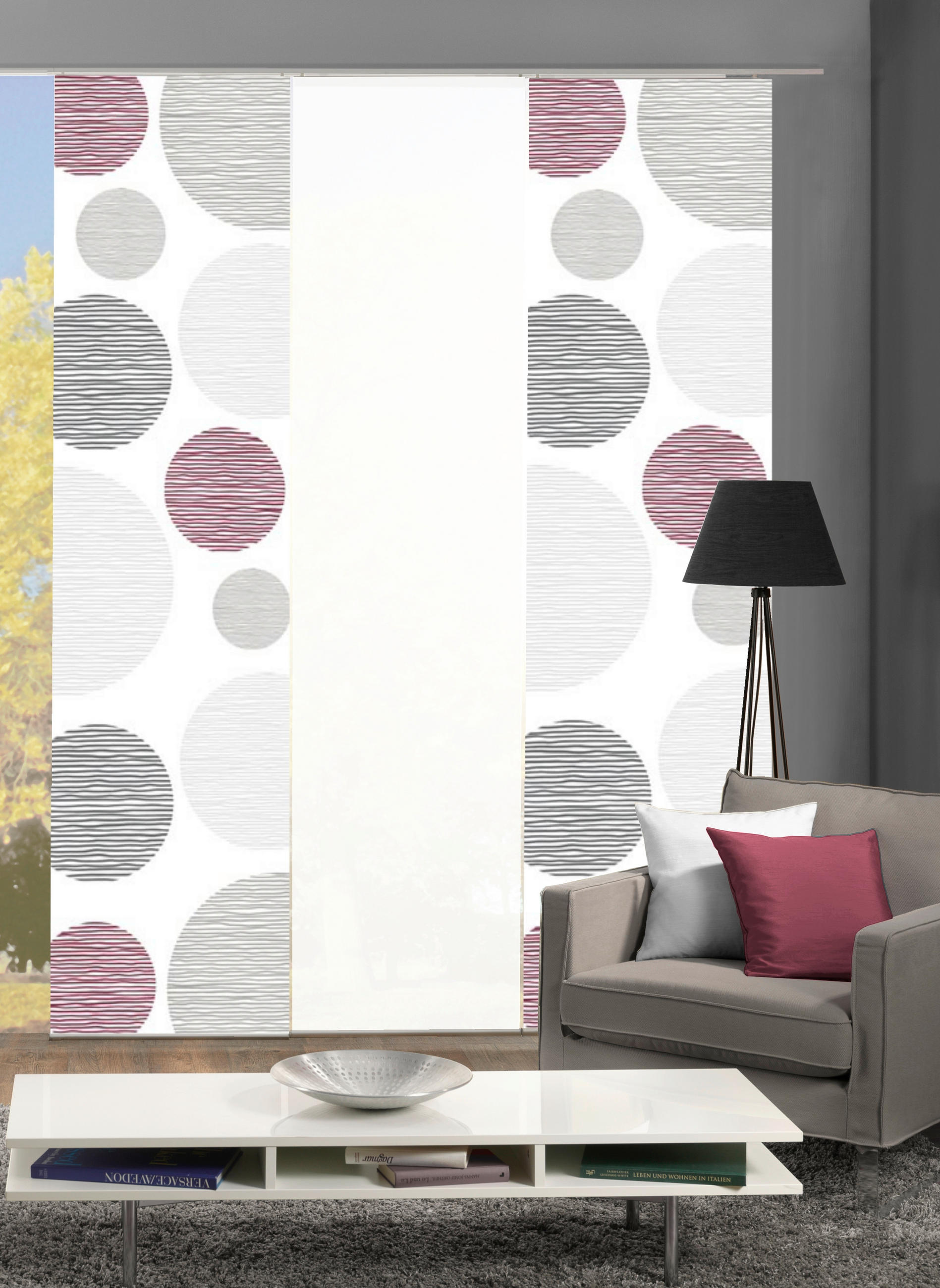 Thumbnail - Flächenvorhang Borden, Bordeaux, Textil, Kreise, 60x245 cm, mit Paneelwagen, Seidenoptik, Metallabschlussleisten, Wohnte...