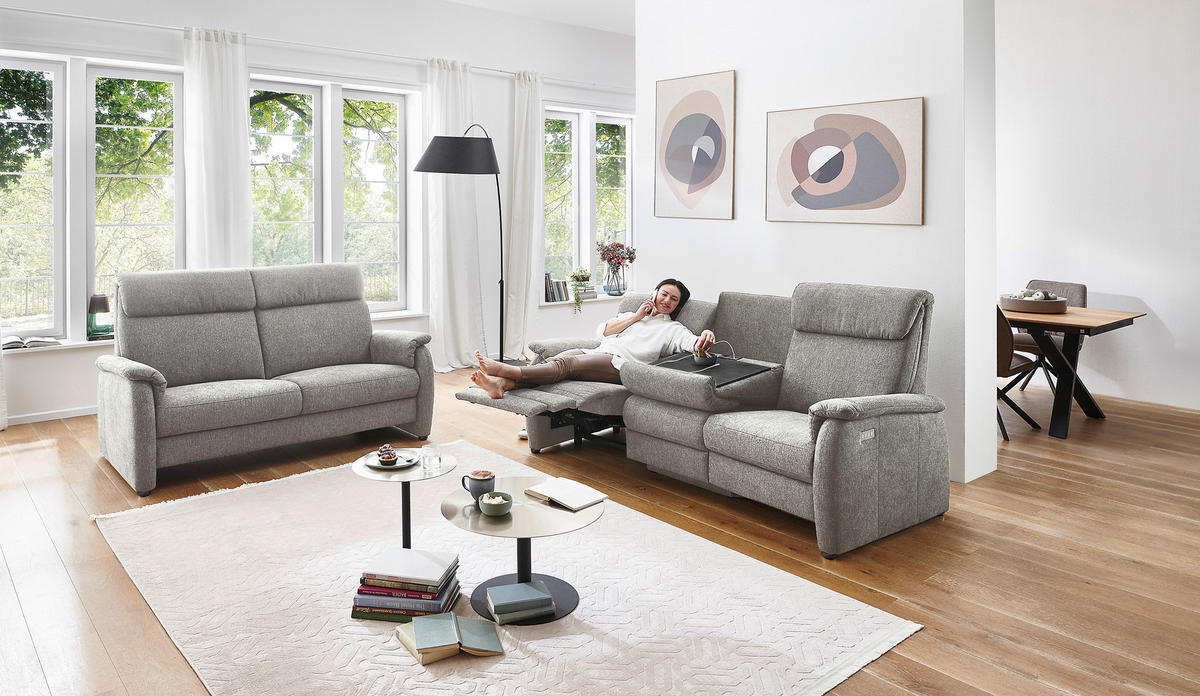 TRAPEZSOFA in Flachgewebe Greige  - Greige/Schwarz, Konventionell, Textil/Metall (219/107/97cm) - Pure Home Comfort