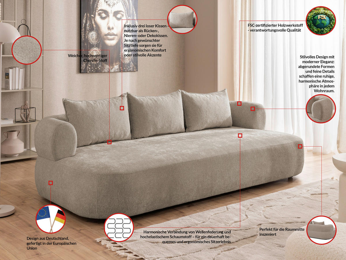 BIGSOFA in Chenille Hellbraun  - Hellbraun/Schwarz, Design, Kunststoff/Textil (240/76/122cm) - Livetastic
