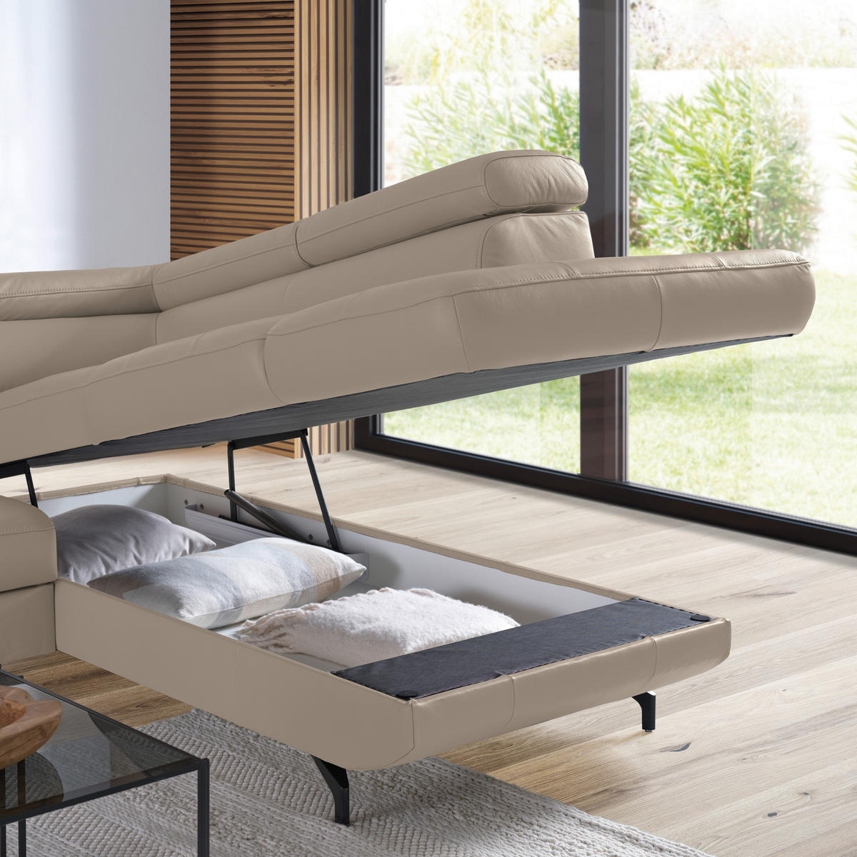 ECKSOFA in Echtleder Creme  - Creme/Schwarz, Design, Leder/Metall (270/220cm) - Novel