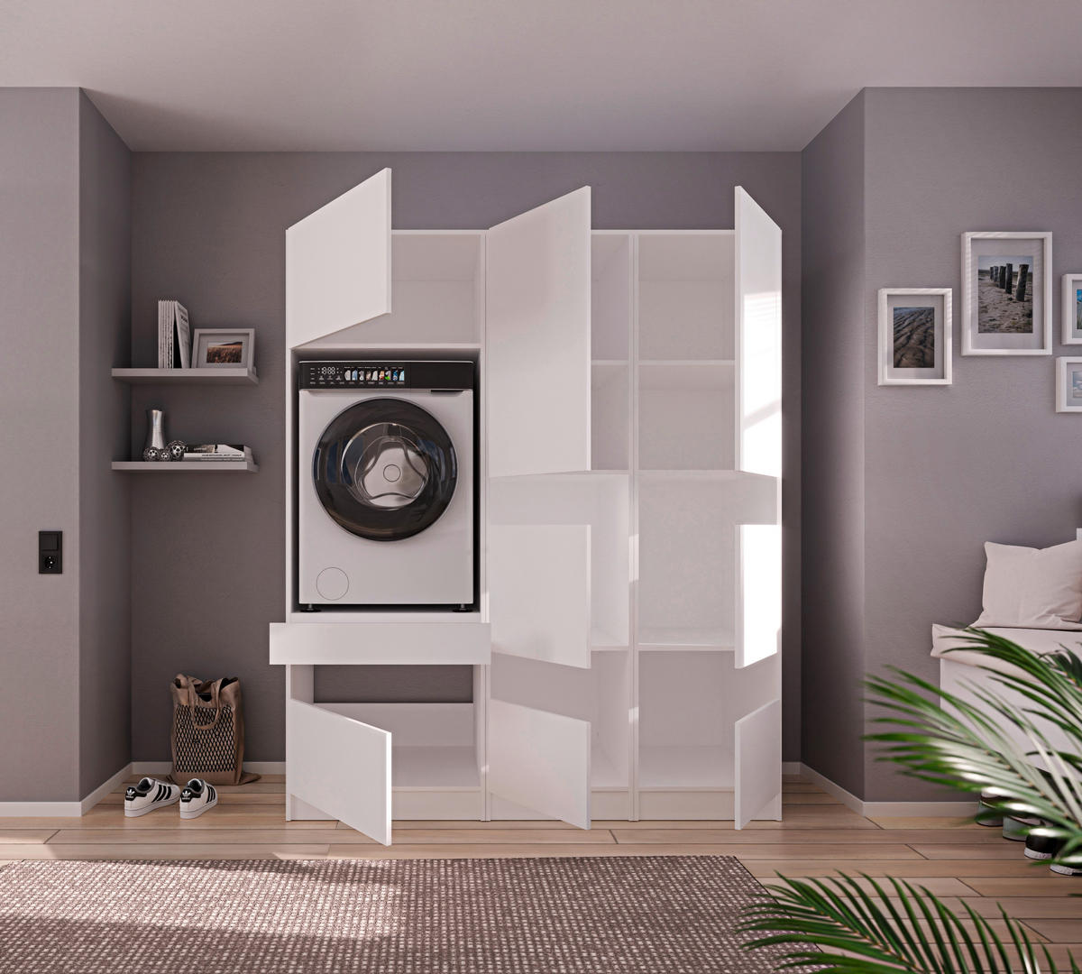 WASCHMASCHINENSCHRANK 68/200/68 cm  in Weiß  - Schwarz/Weiß, Design, Holzwerkstoff/Metall (68/200/68cm) - Milino