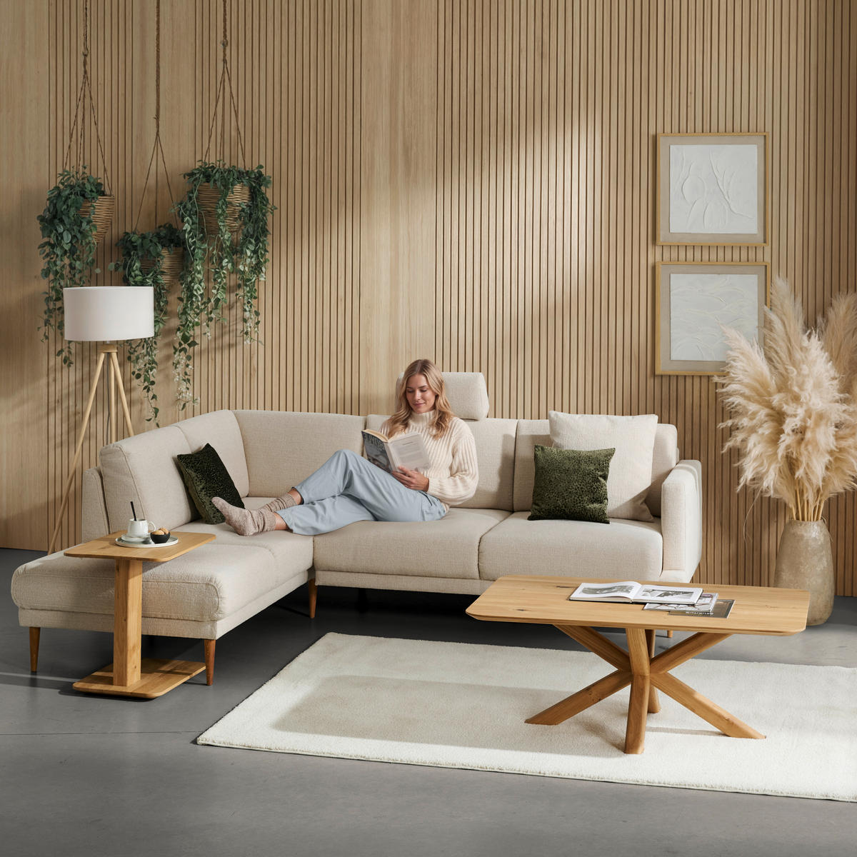 ECKSOFA  in Flachgewebe Beige  212/255 cm  - Eichefarben/Beige, KONVENTIONELL, Holz/Textil (212/255cm) - Valnatura