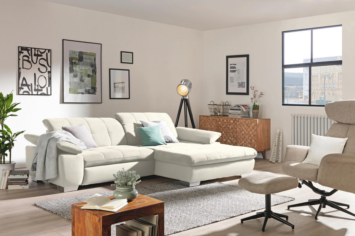 ECKSOFA in Mikrofaser Weiss  - Chromfarben/Weiss, Design, Textil/Metall (265/180cm) - Carryhome