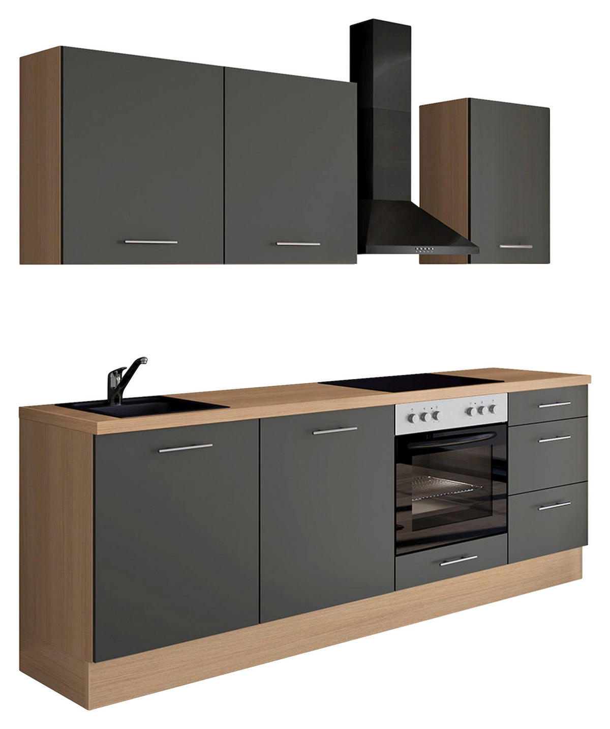 KÜCHENBLOCK 230 cm   in Dunkelgrau, Eichefarben  - Edelstahlfarben/Eichefarben, Design, Holzwerkstoff/Metall (230cm) - Impuls