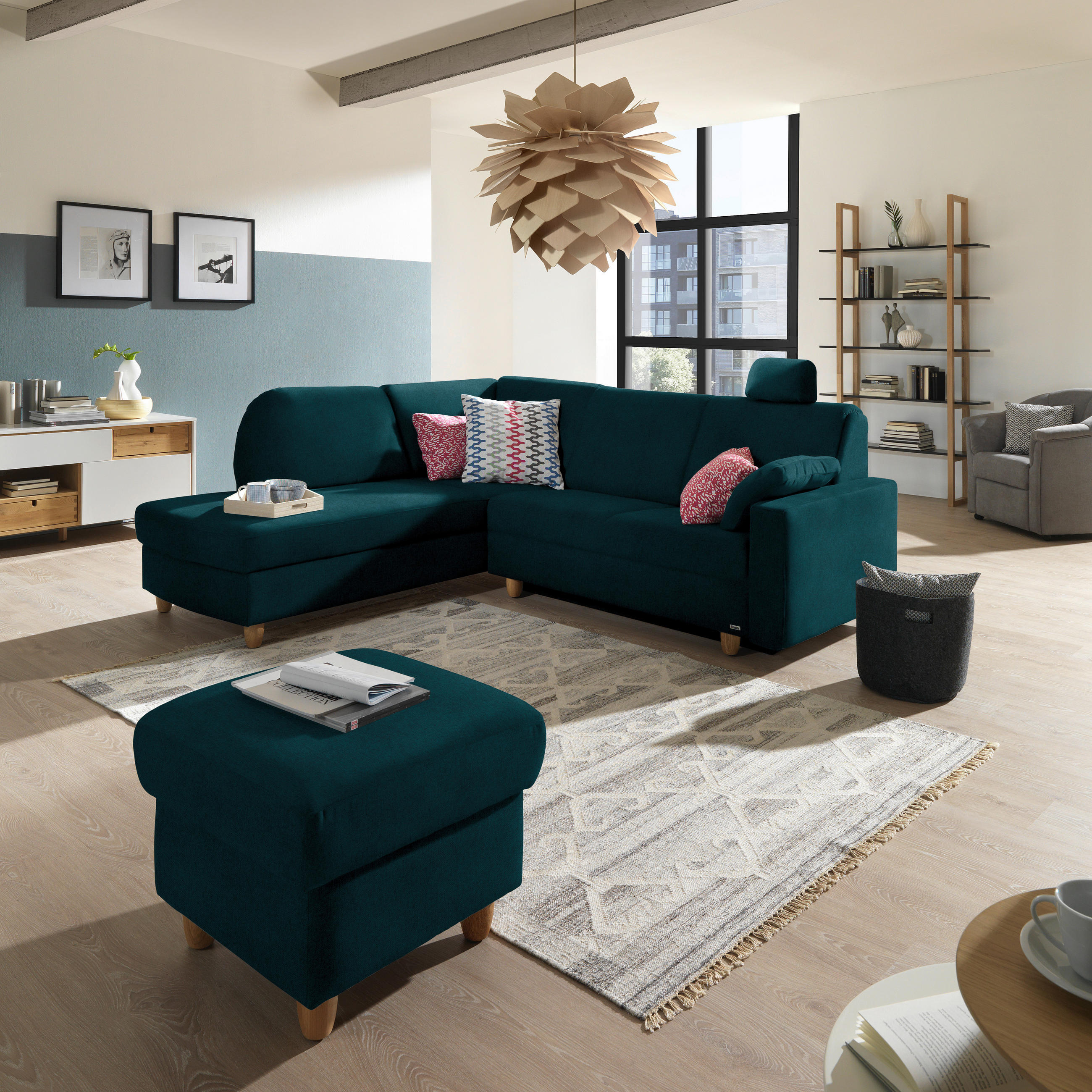ECKSOFA in Flachgewebe Petrol  208/227 cm  - Eichefarben/Rot, KONVENTIONELL, Holz/Textil (208/227cm) - Sedda