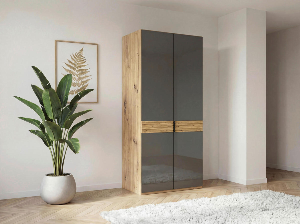 DREHTÜRENSCHRANK 100/216/58 cm,  in Braun, Eiche Bianco, 2 Tür(en)  - Schieferfarben/Eiche Bianco, Design, Glas/Holz (100/216/58cm) - Musterring