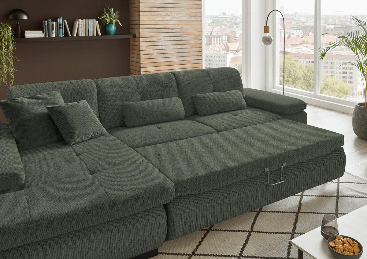 ECKSOFA in Flachgewebe Dunkelgrün  - Dunkelgrün/Schwarz, Design, Textil/Metall (174/297cm) - Beldomo Style