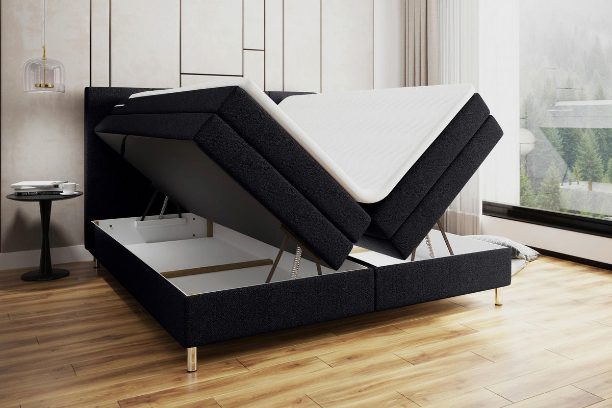 BOXSPRINGBETT 160/200 cm,  in Schwarz, Bettkasten, Topper, Matratzen, H3 = fest  - Chromfarben/Schwarz, KONVENTIONELL, Kunststoff/Textil (160/200cm) - Boxxx