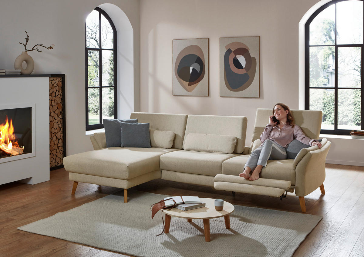 ECKSOFA Beige Chenille, Flachgewebe  - Beige/Naturfarben, Design, Holz/Textil (281/157cm) - Valnatura