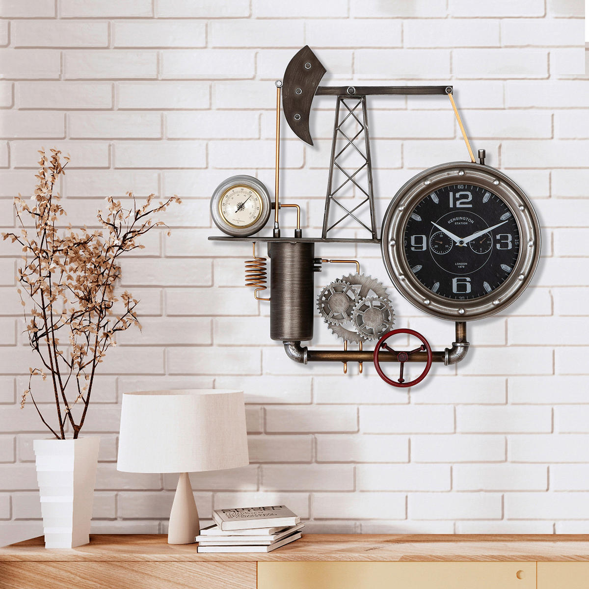 WANDUHR Ölförderturm Schwarz, Silberfarben 55/56/8 cm  - Silberfarben/Schwarz, LIFESTYLE, Kunststoff/Metall (55/56/8cm)