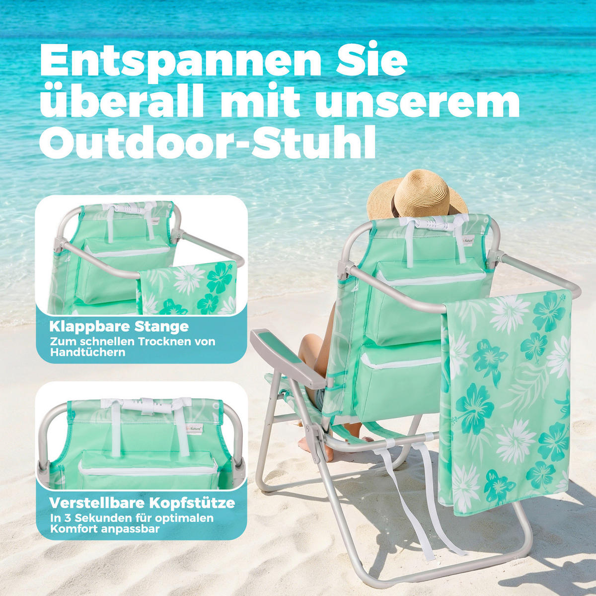 STRANDSTUHL Aluminium Alufarben, Mintgrün  - Alufarben/Mintgrün, Basics, Textil/Metall (62/77/96cm) - Modante