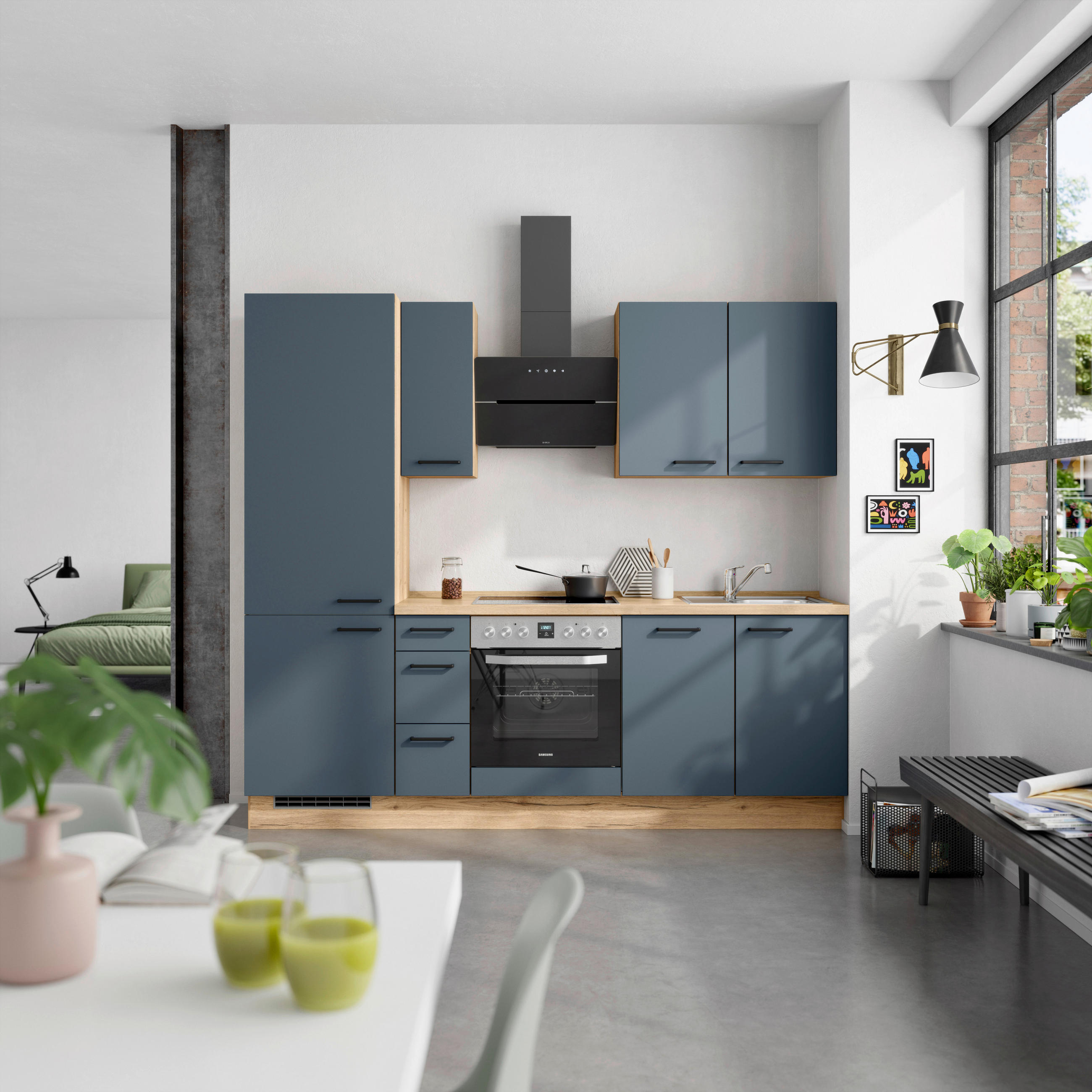 KÜCHENBLOCK 240 cm   in Eichefarben, Dunkelblau  - Eichefarben/Schwarz, MODERN, Holzwerkstoff/Metall (240cm) - Nobilia