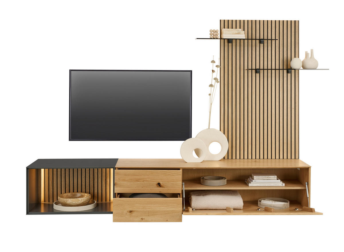 WOHNWAND 3-teilig  in Anthrazit, Eichefarben  261/160/50 cm  - Eichefarben/Anthrazit, Design, Glas/Holz (261/160/50cm) - Dieter Knoll