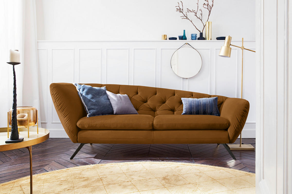 CHESTERFIELD-SOFA in Mikrofaser Gelb, Orange  - Gelb/Schwarz, Design, Textil/Metall (223/84/90cm) - Pure Home Lifestyle