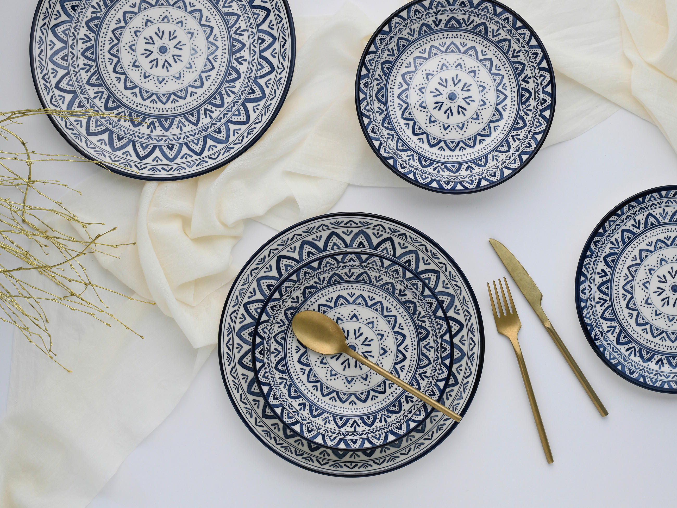 Thumbnail - Creatable Tafelservice Mexico Blue, Blau, Mehrfarbig, Weiß, Keramik, 18-teilig, Mandala, lebensmittelecht, stapelbar, Es...