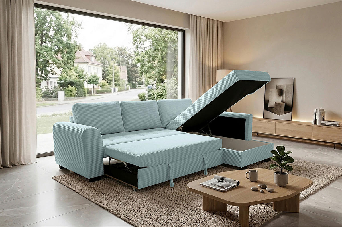 ECKSOFA JOHN Grasgrün Cord Rückenkissen, Bettkasten, Liegefläche im Originalstoff  - Schwarz/Grasgrün, Trend, Kunststoff/Textil (239/178cm) - P & B