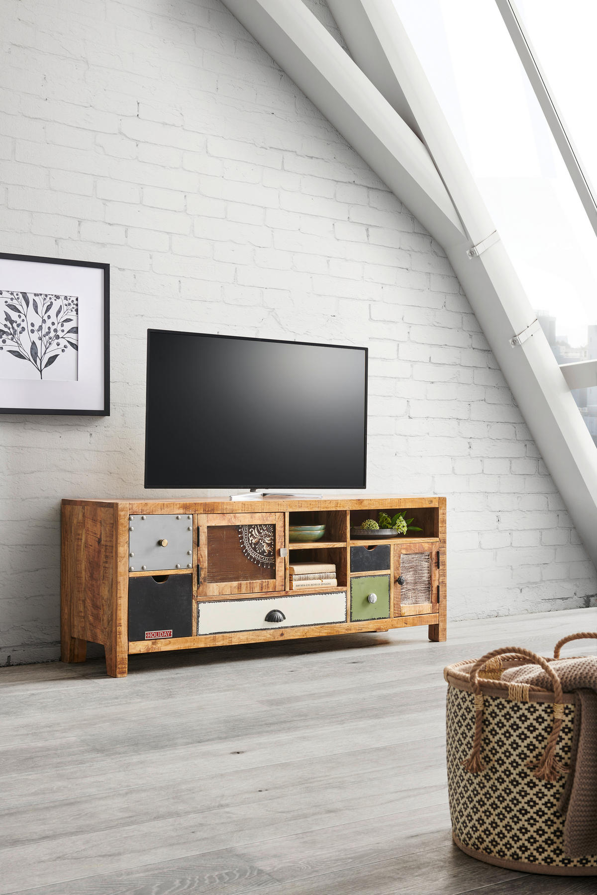 NÍZKÁ KOMODA, mangové dřevo, vícebarevná, 140/55/40 cm - bílá/černá, Lifestyle, kov/dřevo (140/55/40cm) - Landscape