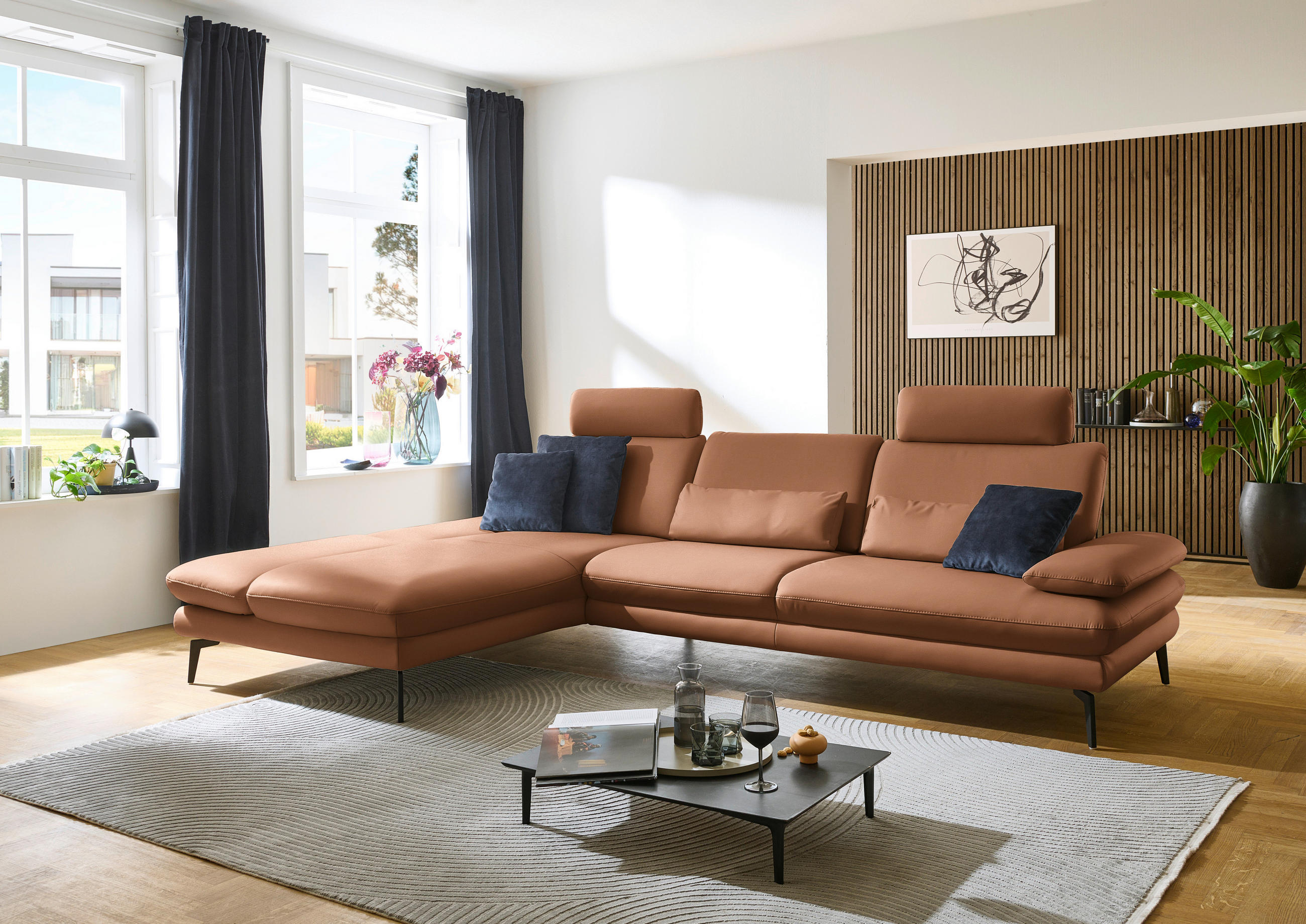 ECKSOFA in Echtleder Hellbraun  - Hellbraun/Schwarz, Design, Leder/Metall (195/308cm) - Dieter Knoll