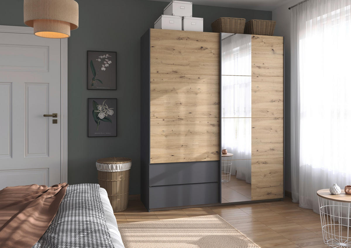 SCHWEBETÜRENSCHRANK in Grau, Eiche Artisan  - Eiche Artisan/Grau, Modern, Holzwerkstoff (175/210/59cm) - Rauch Möbel
