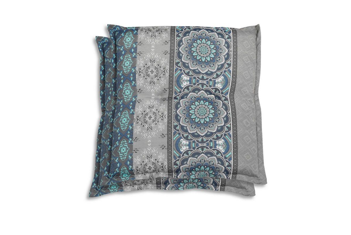 GARTENSITZKISSEN 2-er Set Ornament  - Blau/Hellgrau, Basics, Textil (50/7/50cm)