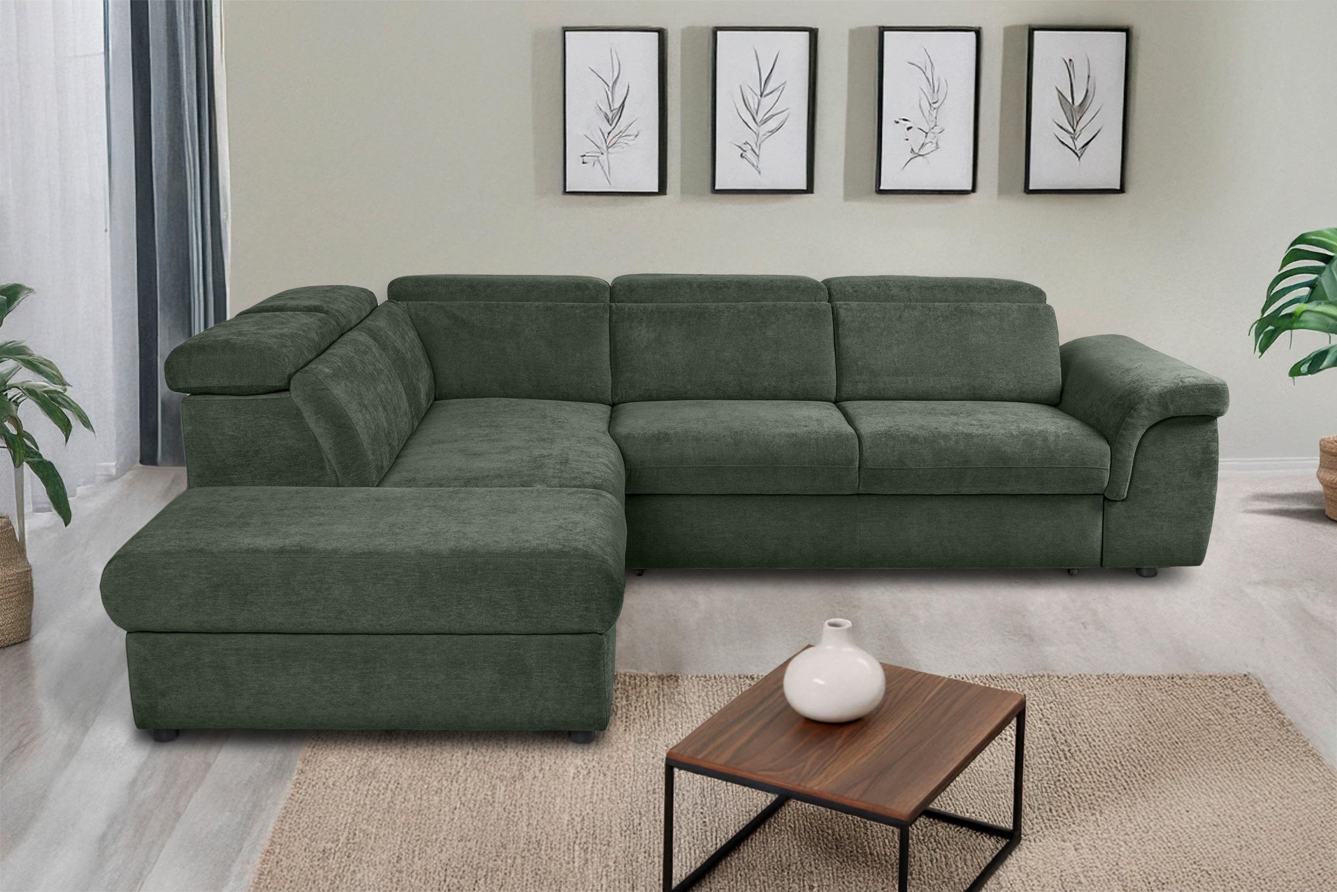 ECKSOFA Dunkelgrün Flachgewebe  - Dunkelgrün/Schwarz, KONVENTIONELL, Kunststoff/Textil (235/280cm) - Carryhome