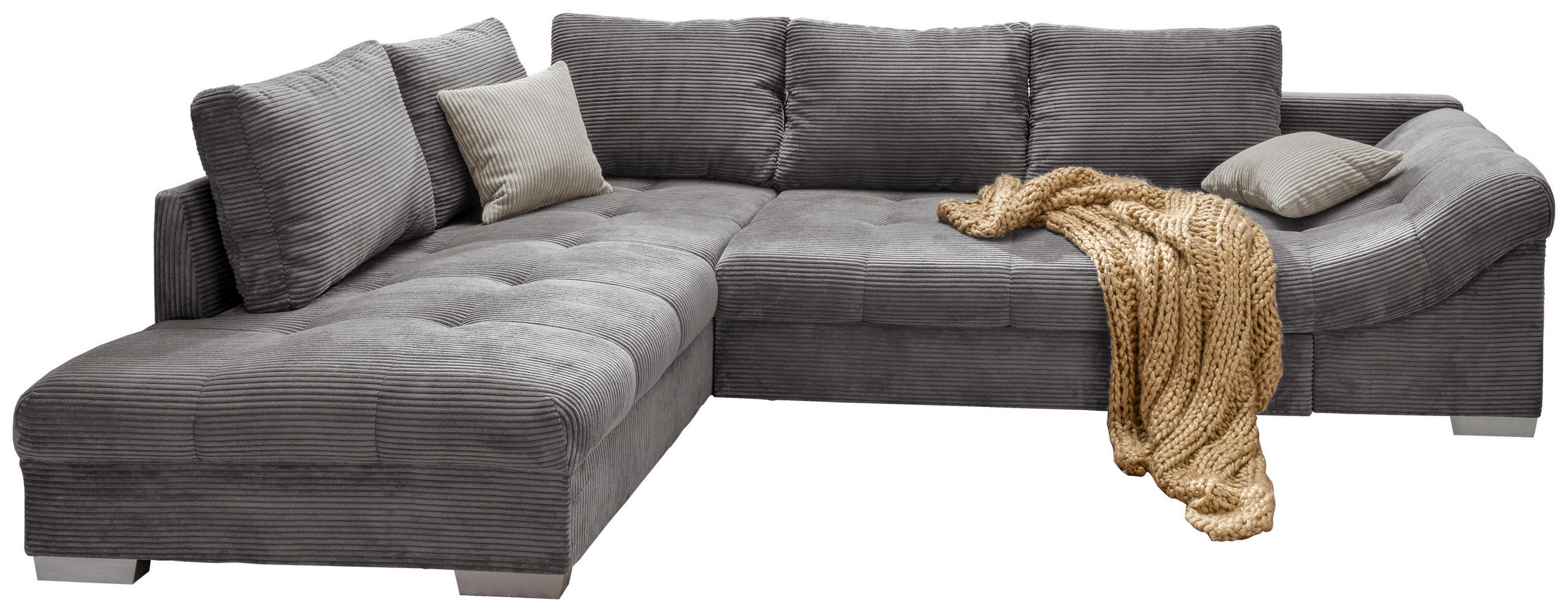ECKSOFA Grau Cord Zierkissen, Rückenkissen, Schlaffunktion, Rücken echt, Liegefläche im Originalstoff  - Silberfarben/Grau, Design, Holz/Textil (202/298cm) - P & B