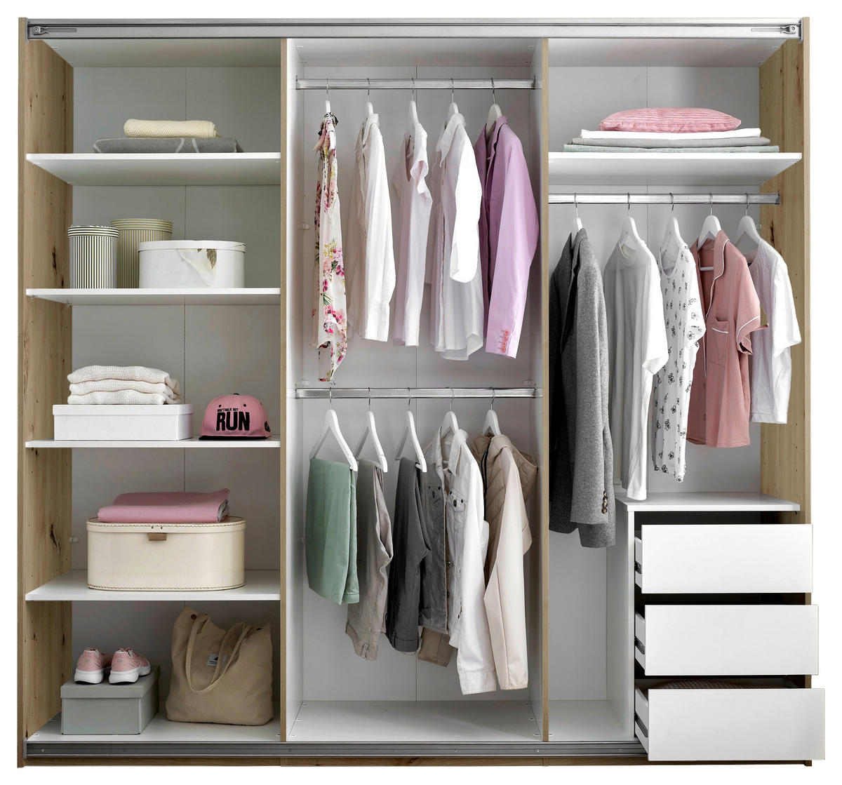 SCHWEBETÜRENSCHRANK 215/204/60 cm 3-türig Eiche Artisan  - Schwarz/Eiche Artisan, KONVENTIONELL, Glas/Holzwerkstoff (215/204/60cm) - Boxxx