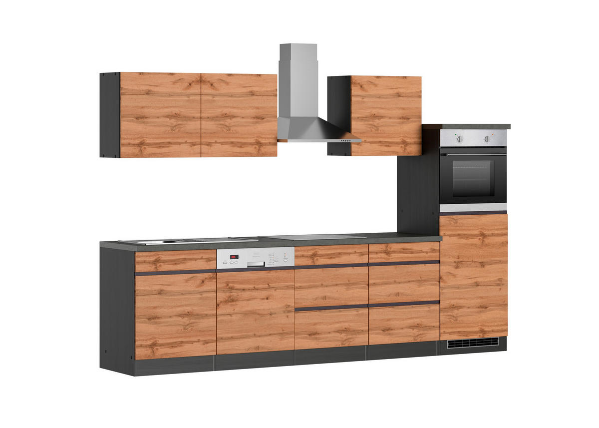 KÜCHENBLOCK 300 cm   in Graphitfarben, Eiche Wotan  - Eiche Wotan/Graphitfarben, Design, Holzwerkstoff (300cm) - Held