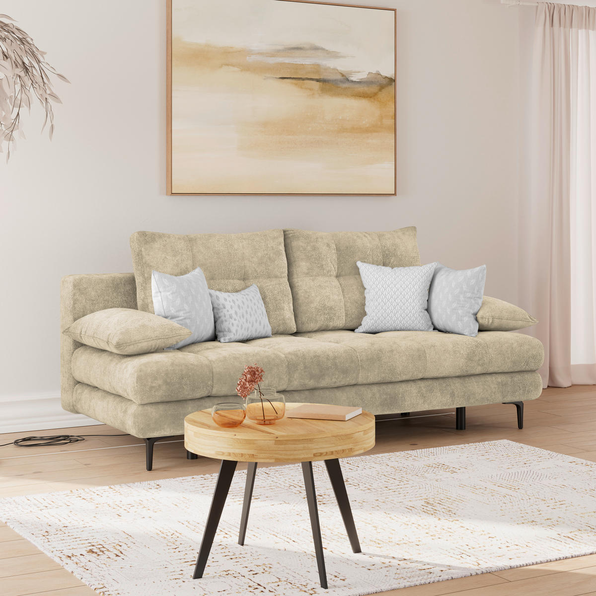 SCHLAFSOFA  mit Liegefunktion, Schlafen auf Sitzhöhe, Rücken echt Chenille Beige  - Beige/Schwarz, KONVENTIONELL, Textil/Metall (203/94/96cm) - Carryhome