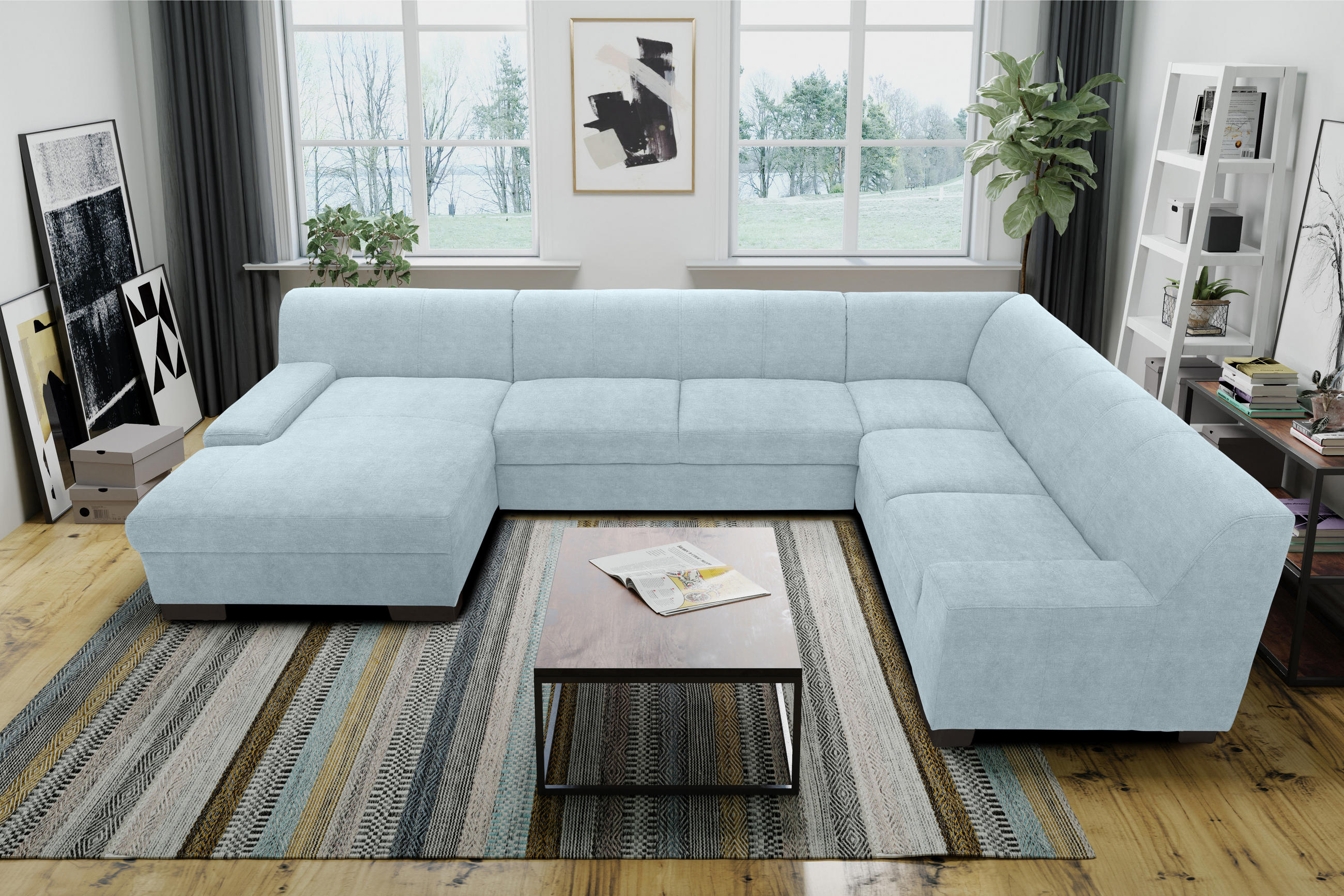 WOHNLANDSCHAFT Pastellblau Webstoff - Wengefarben/Pastellblau, Design, Holz/Textil (153/328/212cm) - MID.YOU