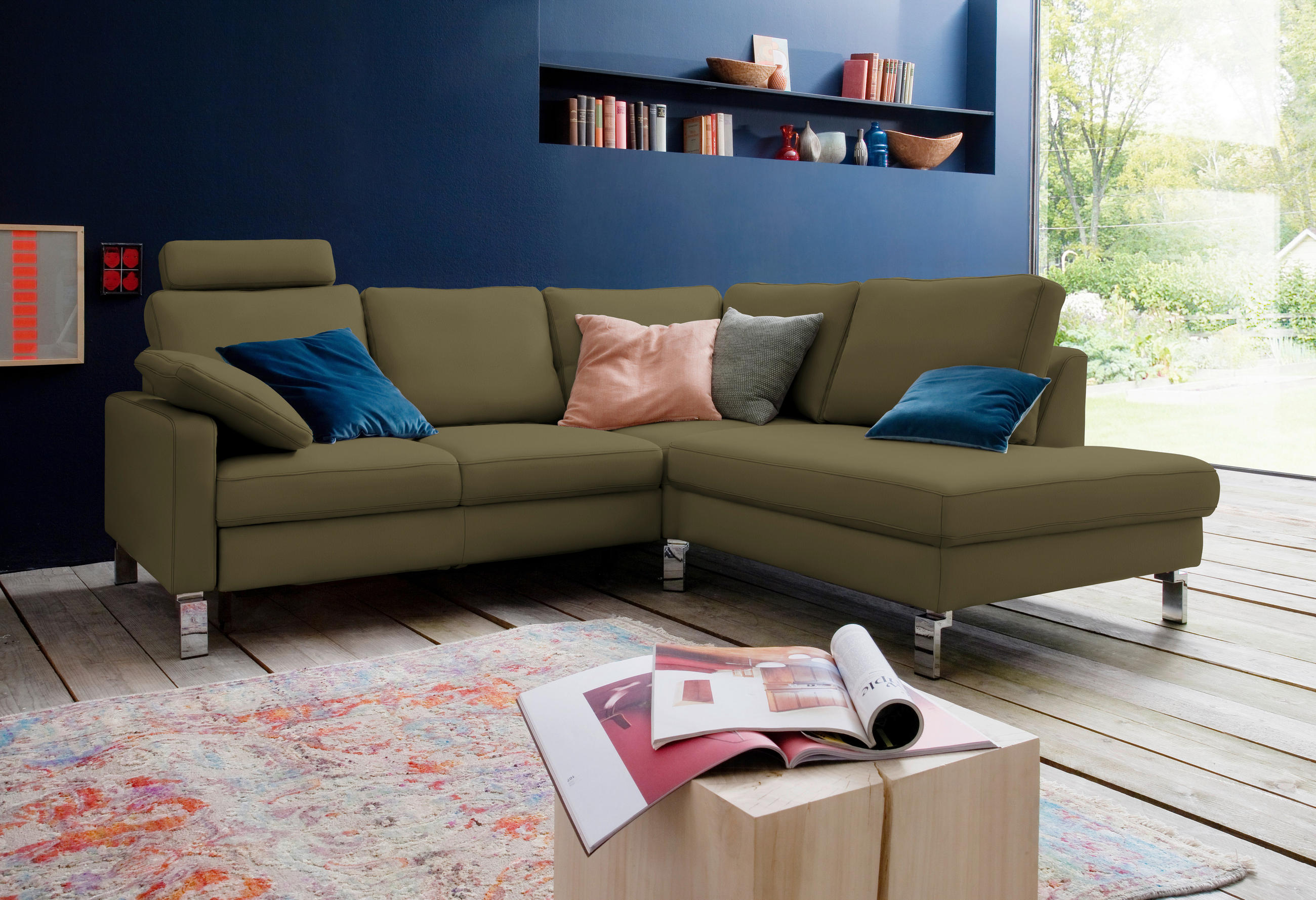ECKSOFA in Echtleder Grün  - Chromfarben/Grün, Design, Leder/Metall (281/200cm) - Pure Home Lifestyle