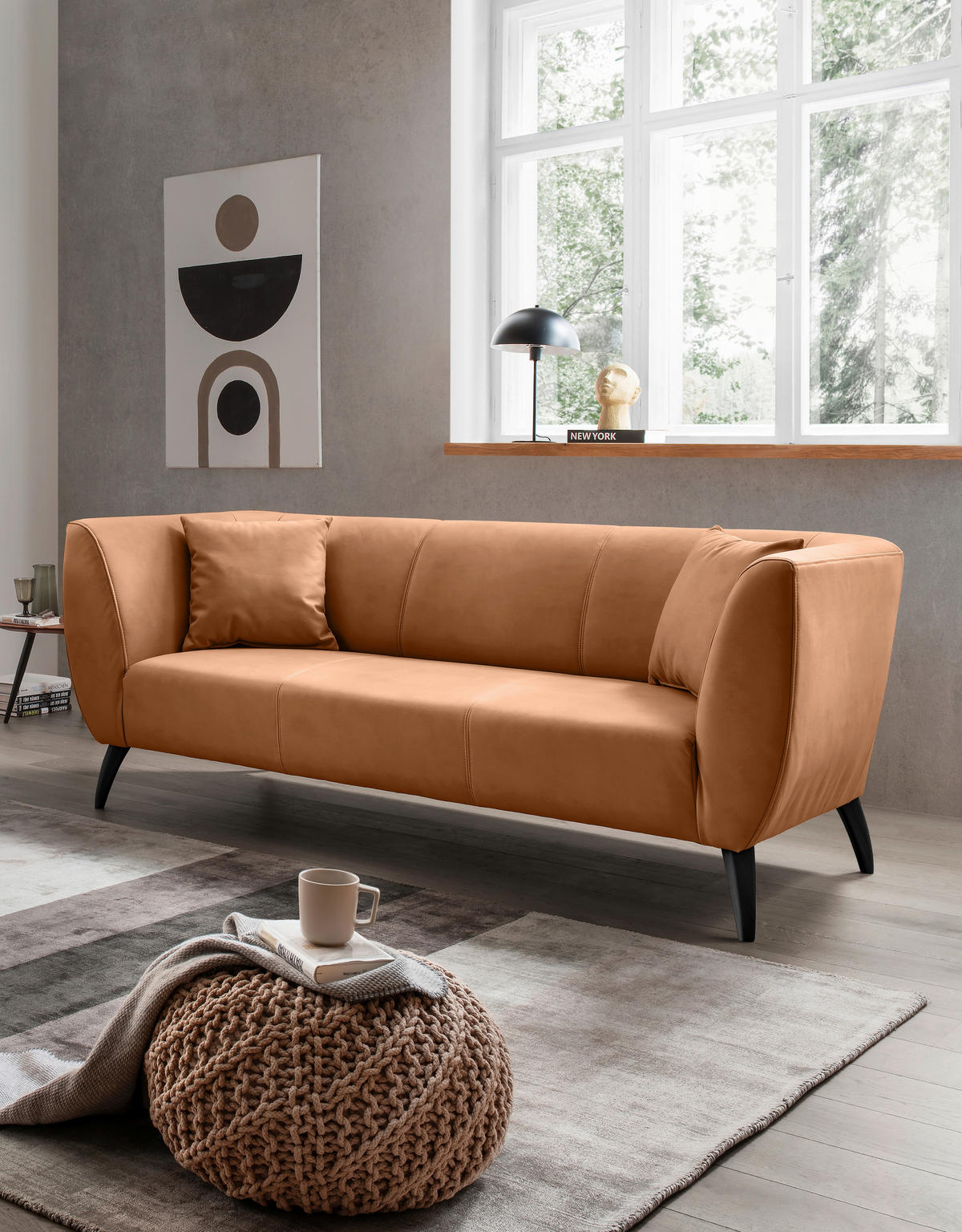 3-SITZER-SOFA Lederlook Cognac  - Cognac/Schwarz, MODERN, Holz/Textil (208/83/88cm) - Livetastic