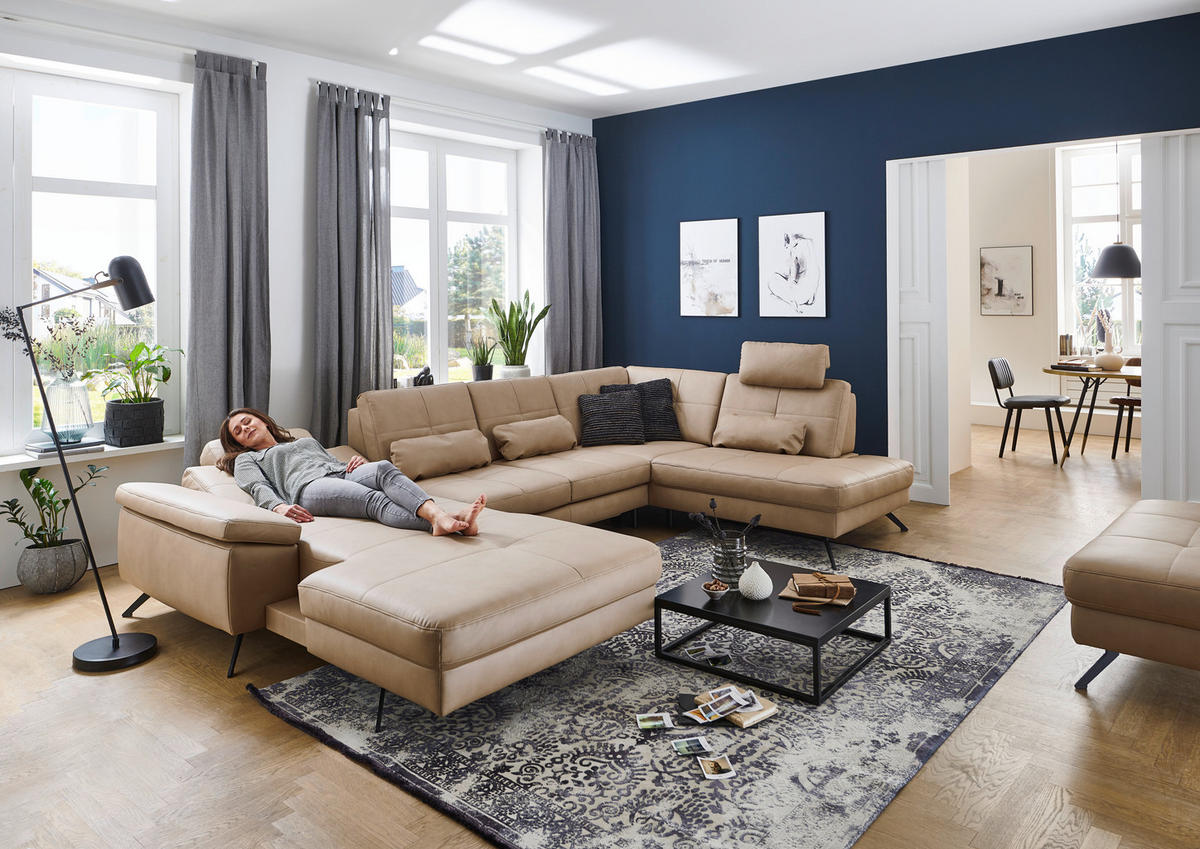 WOHNLANDSCHAFT in Lederlook, Mikrofaser Hellbraun, Haselnussfarben  - Hellbraun/Schwarz, Design, Textil/Metall (345/220cm) - Beldomo System