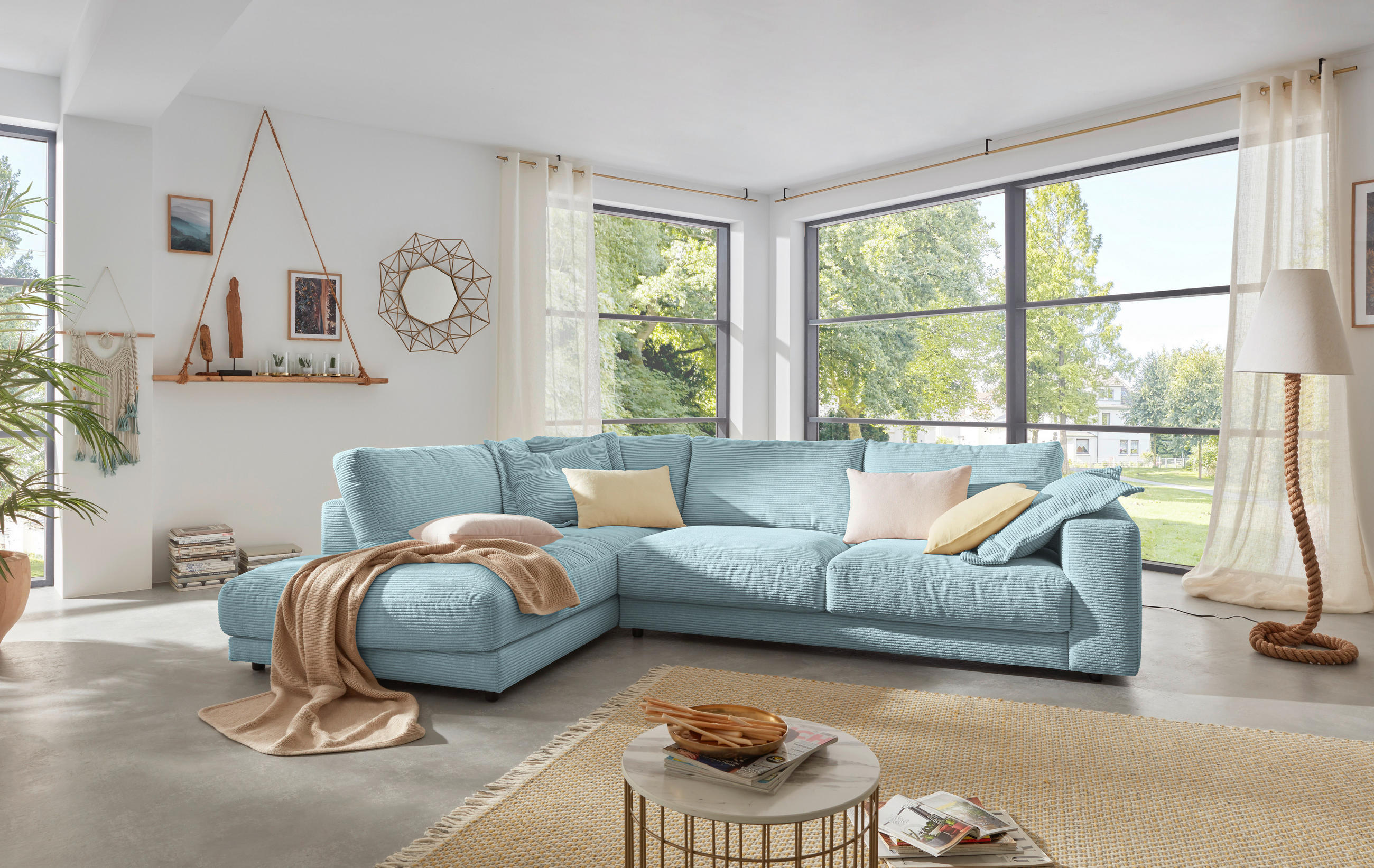 ECKSOFA in Cord Hellblau  - Schwarz/Hellblau, Design, Kunststoff/Textil (224/325cm) - Hom`in